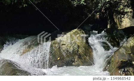 A rapid river with strong currents flows over and around large rocks, creating white water and a small cascade, surrounded by a green, natural landscape. A rapid river with strong currents flows over and around large rocks, creating white water and a small cascade, surrounded by a green, natural landscape. 134968542