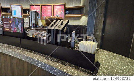 this is starbucks cafe display with food and drink 134968725