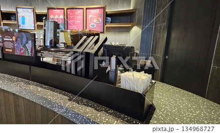 this is starbucks cafe display with food and drink 134968727