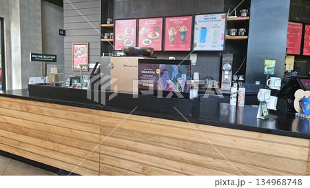 this is starbucks cafe display with food and drink this is starbucks cafe display with food and drink 134968748