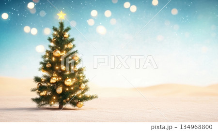 Christmas Tree in Desert Landscape with Starry Night Sky and Sand Dunes Christmas Tree in Desert Landscape with Starry Night Sky and Sand Dunes 134968800