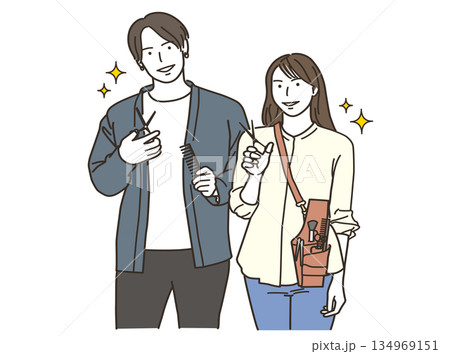 男女の美容師が並ぶヘアサロンのイラスト 134969151