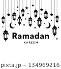 Ramadan Kareem Minimalist Vector Background with Lanterns and Stars 134969216