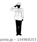 Military Officer in Dress Uniform Saluting, Minimalist Black and White Vector Illustration of a Soldier 134969253