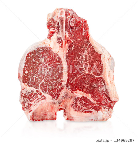 Raw t bone steak with marbling isolated on white background Raw t bone steak with marbling isolated on white background 134969297