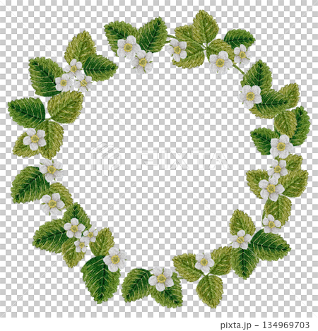 【草莓花葉圓形邊框】手工刺繡插畫素材 134969703