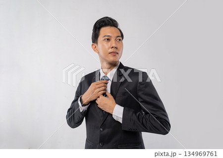 Asian business executive displaying contemplation and leadership presence 134969761