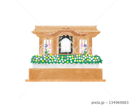 水彩風の葬儀の祭壇イラスト・遺影・供花・終活・お別れの会 134969863