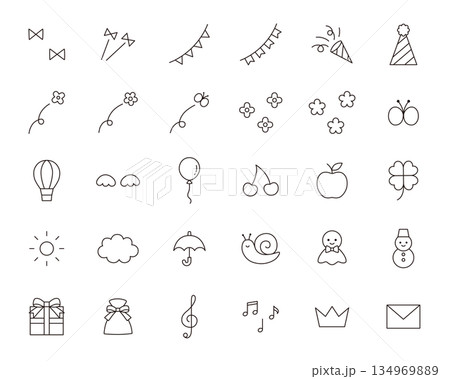 かわいいアイコンセットのベクターイラスト。飾り、リボン、天気、花、プレゼント 134969889
