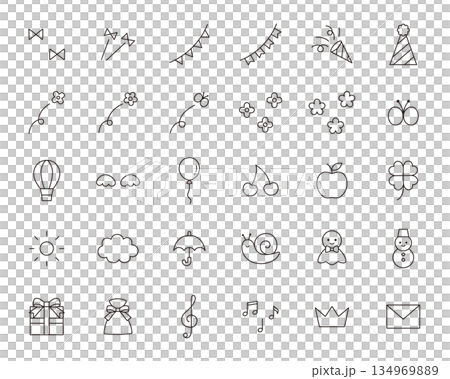 一套可愛圖示的向量插圖。包括裝飾品、絲帶、天氣、鮮花和禮物。 134969889