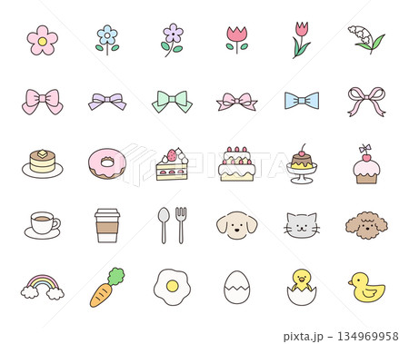 かわいいアイコンセットのベクターイラスト。飾り、花、お菓子、リボン、犬、ひよこ 134969958
