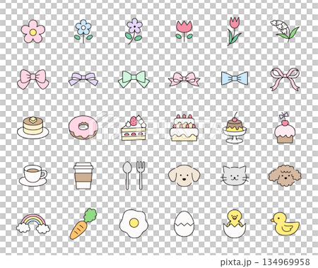 かわいいアイコンセットのベクターイラスト。飾り、花、お菓子、リボン、犬、ひよこ 134969958