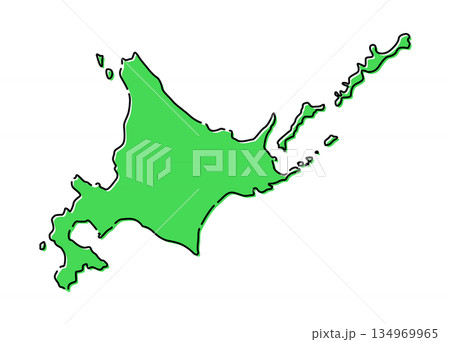 おしゃれな北海道の地図イラスト 日本地図単体 グリーン 134969965
