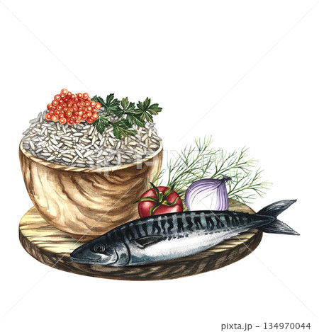 Mackerel with rice garnish, herbs and vegetables. Hand-drawn watercolor illustration. Menu, recipe and cookbook design element. For banners, flyers, packaging, labels and more. Mackerel with rice garnish, herbs and vegetables. Hand-drawn watercolor illustration. Menu, recipe and cookbook design element. For banners, flyers, packaging, labels and more. 134970044