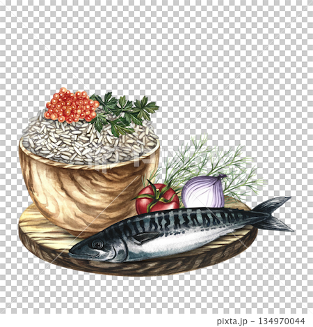 Mackerel with rice garnish, herbs and vegetables. Hand-drawn watercolor illustration. Menu, recipe and cookbook design element. For banners, flyers, packaging, labels and more. 134970044
