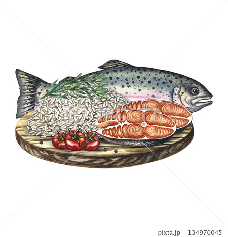 A fish dish of trout with a rice side dish with herbs and cherry tomatoes. Hand-drawn watercolor illustration. Element of menu design, recipes, and cookbooks. For banners, flyers, packaging, labels. A fish dish of trout with a rice side dish with herbs and cherry tomatoes. Hand-drawn watercolor illustration. Element of menu design, recipes, and cookbooks. For banners, flyers, packaging, labels. 134970045