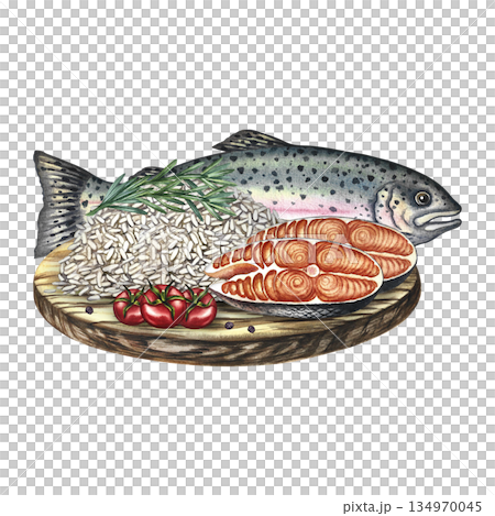 A fish dish of trout with a rice side dish with herbs and cherry tomatoes. Hand-drawn watercolor illustration. Element of menu design, recipes, and cookbooks. For banners, flyers, packaging, labels. A fish dish of trout with a rice side dish with herbs and cherry tomatoes. Hand-drawn watercolor illustration. Element of menu design, recipes, and cookbooks. For banners, flyers, packaging, labels. 134970045