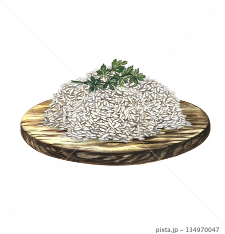 Rice garnish with celery on a wooden tray. Hand-drawn watercolor illustration. Element of menu design, recipes, and cookbooks. For banners, flyers, packaging, labels, and more. Rice garnish with celery on a wooden tray. Hand-drawn watercolor illustration. Element of menu design, recipes, and cookbooks. For banners, flyers, packaging, labels, and more. 134970047