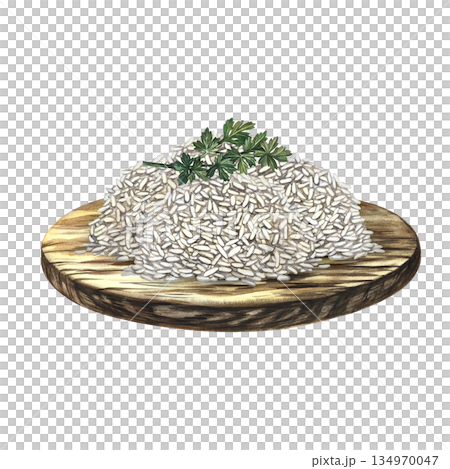 Rice garnish with celery on a wooden tray. Hand-drawn watercolor illustration. Element of menu design, recipes, and cookbooks. For banners, flyers, packaging, labels, and more. Rice garnish with celery on a wooden tray. Hand-drawn watercolor illustration. Element of menu design, recipes, and cookbooks. For banners, flyers, packaging, labels, and more. 134970047