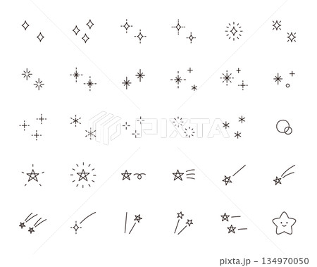 かわいいアイコンセットのベクターイラスト。星、キラキラ、輝き、流れ星、飾り かわいいアイコンセットのベクターイラスト。星、キラキラ、輝き、流れ星、飾り 134970050