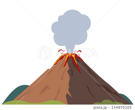 Erupting volcano. Natural volcanic activity. Volcanoes hot lava eruption. Mountains rocky hills with green grass. A volcano erupts with a plume of ash and flowing lava. Vector illustration Erupting volcano. Natural volcanic activity. Volcanoes hot lava eruption. Mountains rocky hills with green grass. A volcano erupts with a plume of ash and flowing lava. Vector illustration 134970105