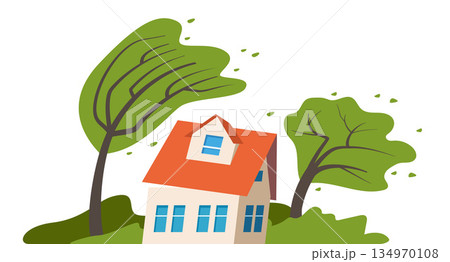 Storm wind natural disaster. Superstorm catastrophe, suburban house damage, gale cataclysm. Natural disaster with hurricane. Countryside landscape. Vector illustration. Storm wind natural disaster. Superstorm catastrophe, suburban house damage, gale cataclysm. Natural disaster with hurricane. Countryside landscape. Vector illustration. 134970108