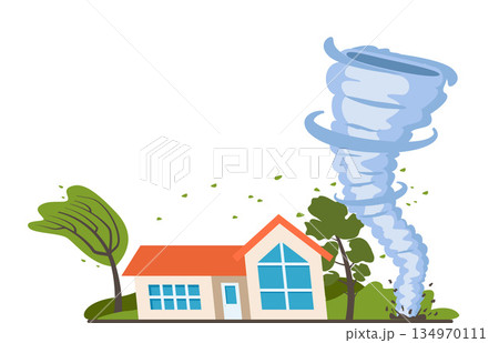 Tornado. Houses destruction with tornado catastrophe. Natural disaster with hurricane, power twisted storm, whirlwind, buildings damage. Countryside landscape. Vector illustration. Tornado. Houses destruction with tornado catastrophe. Natural disaster with hurricane, power twisted storm, whirlwind, buildings damage. Countryside landscape. Vector illustration. 134970111