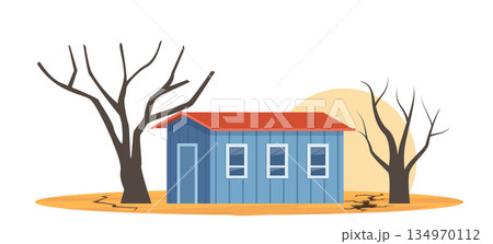Long term drought at countryside. Cracked ground and dried tree near house. Natural disaster risk. Vector illustration. Long term drought at countryside. Cracked ground and dried tree near house. Natural disaster risk. Vector illustration. 134970112
