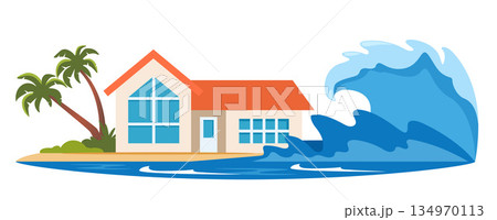 Tsunami wave at tropical beach with cottage and palm trees, natural disaster, flood during storm, climate change concept. Huge ocean water wave splashing and raging. Vector illustration Tsunami wave at tropical beach with cottage and palm trees, natural disaster, flood during storm, climate change concept. Huge ocean water wave splashing and raging. Vector illustration 134970113