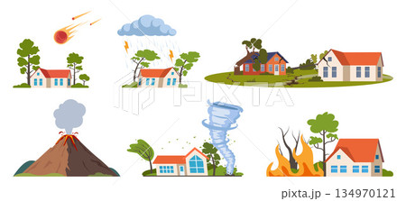 Natural disasters, damage catastrophe cataclysm scenes. Earth damage disaster collection. Vector illustration. 134970121