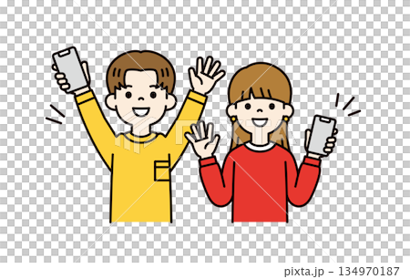 一群年輕男女手持智慧型手機,面帶微笑、心情愉悅的向量插畫素材(彩色)。 一群年輕男女手持智慧型手機,面帶微笑、心情愉悅的向量插畫素材(彩色)。 134970187