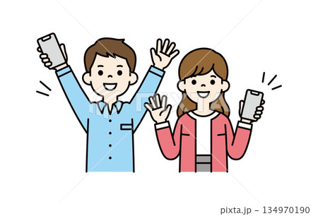スマートフォンを持って笑顔で喜ぶ、男性と女性の上半身ベクターイラスト素材セット_カラー スマートフォンを持って笑顔で喜ぶ、男性と女性の上半身ベクターイラスト素材セット_カラー 134970190