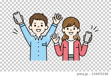 スマートフォンを持って笑顔で喜ぶ、男性と女性の上半身ベクターイラスト素材セット_カラー スマートフォンを持って笑顔で喜ぶ、男性と女性の上半身ベクターイラスト素材セット_カラー 134970190