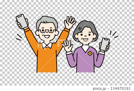 一組向量插圖素材,描繪了面帶微笑、手持智慧型手機的老年男女(彩色)。 一組向量插圖素材,描繪了面帶微笑、手持智慧型手機的老年男女(彩色)。 134970191