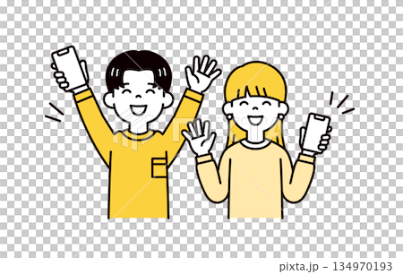 スマホを持って、笑顔で手を振る10代・20代の男性と女性のシンプルなベクターイラスト素材セット 134970193