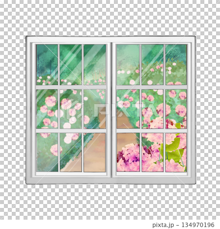 窗戶上倒映著繡球花。 窗戶上倒映著繡球花。 134970196