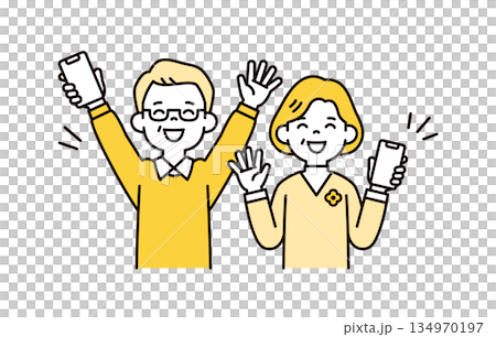 A simple vector illustration set of a grandfather and grandmother holding a smartphone and waving with a smile 134970197