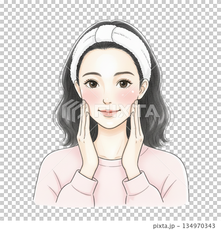 A woman smiling with her hand on her cheek (skin care) 134970343