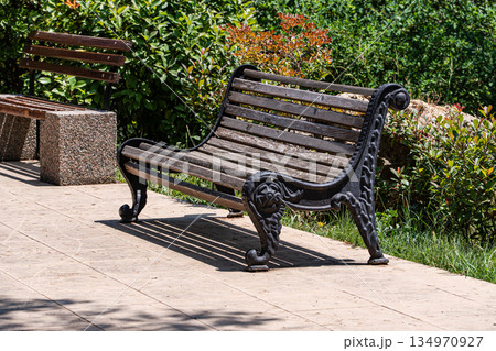 Park bench in the summer time garden 134970927