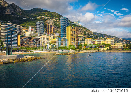 Monte Carlo cityscape with beaches and seaside high skyscrapers Monte Carlo cityscape with beaches and seaside high skyscrapers 134971616
