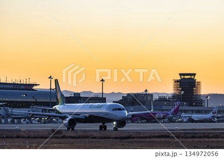 夕暮れの仙台空港　タキシング中の飛行機　宮城県名取市 134972056