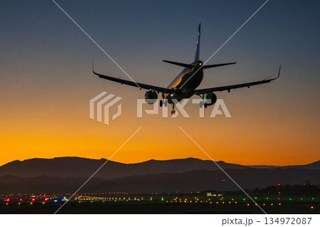 夕暮れの仙台空港 着陸中の飛行機 宮城県名取市 夕暮れの仙台空港 着陸中の飛行機 宮城県名取市 134972087