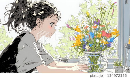 おもてなし（優しい心遣い）：来客のために花瓶に花を生ける若い女性