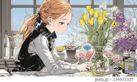 おもてなし（優しい心遣い）：来客のために花瓶に花を生ける若い女性