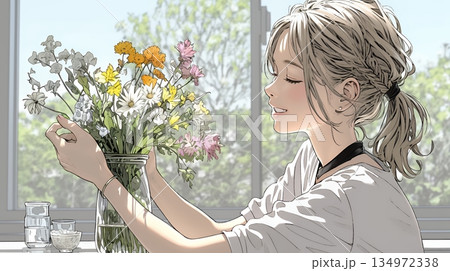 おもてなし（優しい心遣い）：来客のために花瓶に花を生ける若い女性