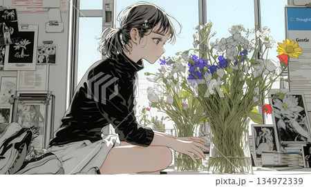 おもてなし（優しい心遣い）：来客のために花瓶に花を生ける若い女性