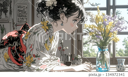 おもてなし（優しい心遣い）：来客のために花瓶に花を生ける若い女性