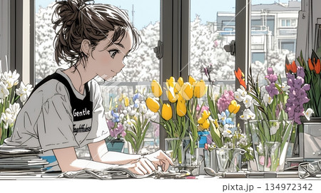 おもてなし（優しい心遣い）：来客のために花瓶に花を生ける若い女性