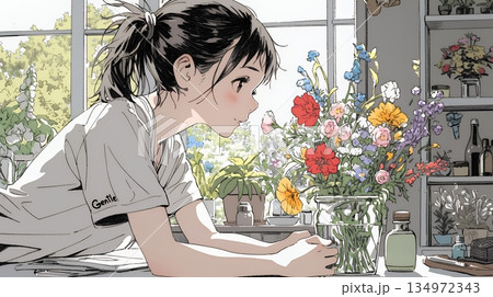 おもてなし（優しい心遣い）：来客のために花瓶に花を生ける若い女性