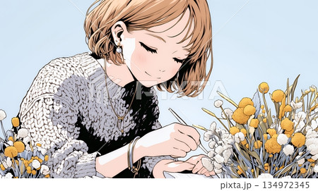 おもてなし（優しい心遣い）：来客のために花瓶に花を生ける若い女性